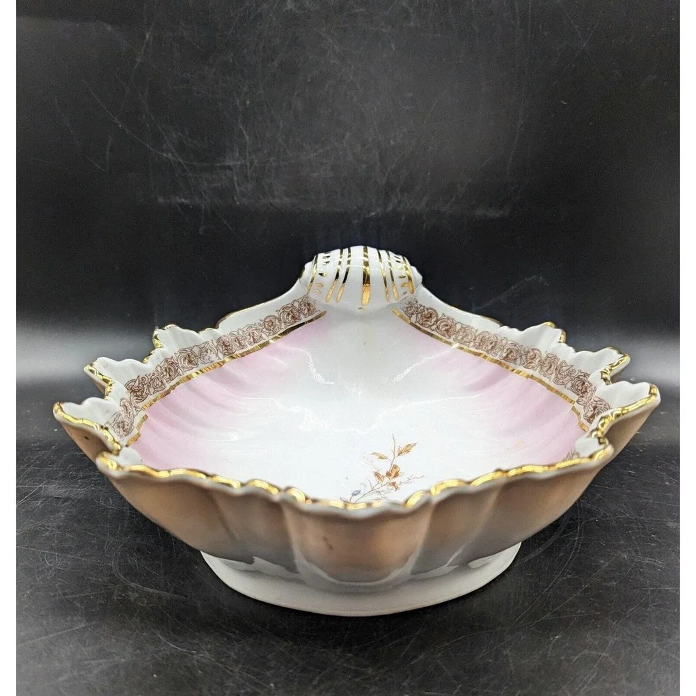 Antique Pink Hand Painted German Porcelain Seashell Serving Bowl Flowers 9.5